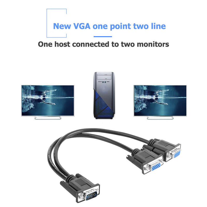 15 Pin VGA Male to 2 Female Y Splitter Cable Monitor Adapter for PC TV