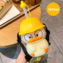 Cute Duck Water Bottle with Straw School Student Children Outdoor Drinking Cup