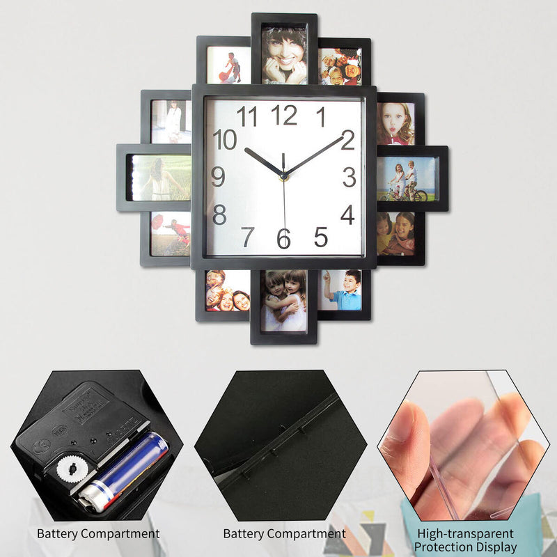 2-in-1 Plastic Multi Photo Frame Wall Clock, Living Room Wall Hanging