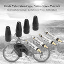 4pcs Presta Valve Stem Caps+ 4pcs Valve Cores+ Wrench Tool Kit (Black) Newly