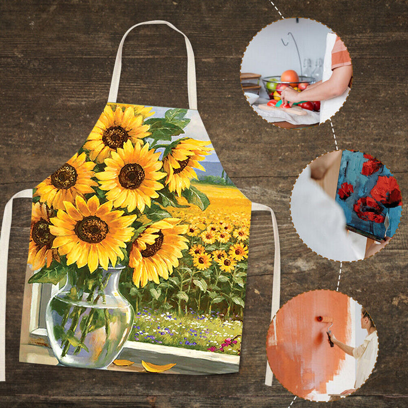 Sunflowers Linen Apron Waterproof Kitchen Cooking Bibs Pinafore (82x68cm)