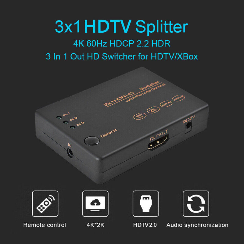 3x1 HDMI-compatible Splitter 4K 60Hz HDCP 2.2 HDR 3 In 1 Out HD Switcher fo