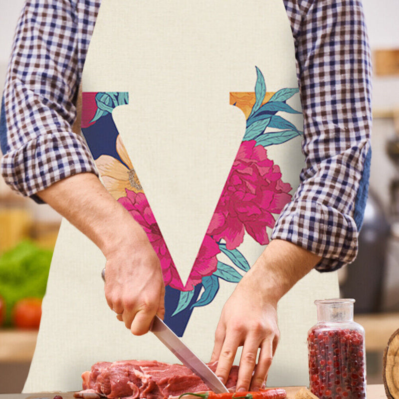 Flower V Printed Linen Apron Waterproof Kitchen Cooking Bibs (82X68CM)