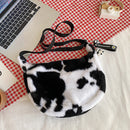 Female Fluffy Fashion Cow Pattern Shoulder Bag Autumn Winter Phone Bag Handbag