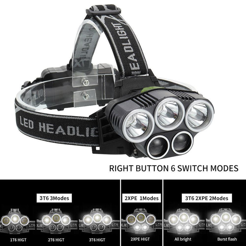2x XPE+3x T6 LED Head Lamp 1500LM Waterproof Headlight Glare Torch Flashlight