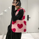 Women Love Heart Print Plush Shoulder Bag Fashion Winter Large Capacity Handbags