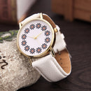 Women Lovely Flowers Printed Leather Belt Quartz Strap Student Watch(White)