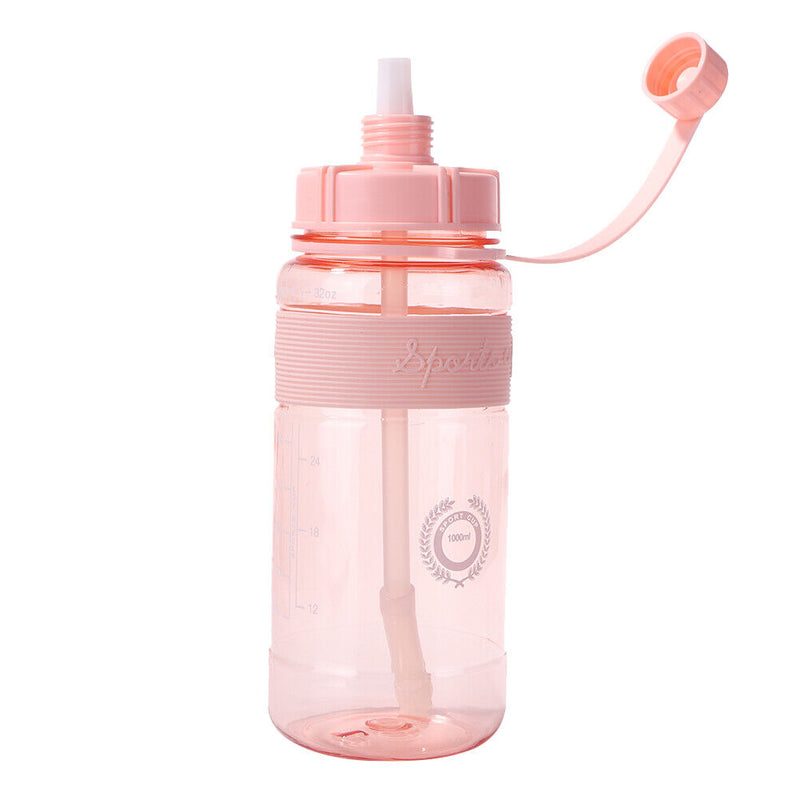 Portable Women Summer Gym Water Bottle Straw Large Capacity (Pink 1000ml) Newly
