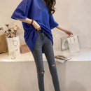 Summer Half Sleeve Long T-shirt Candy Color Loose Women Tops (Dark Blue M)