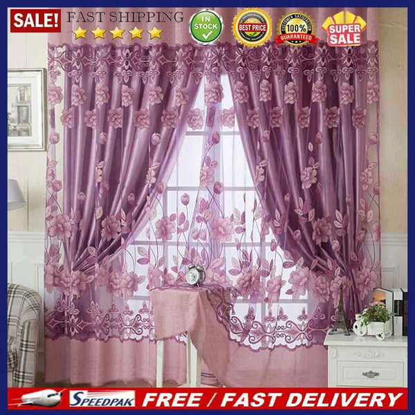 Floral Tulle Voile Window Screening Shading Window Curtain (Light Purple