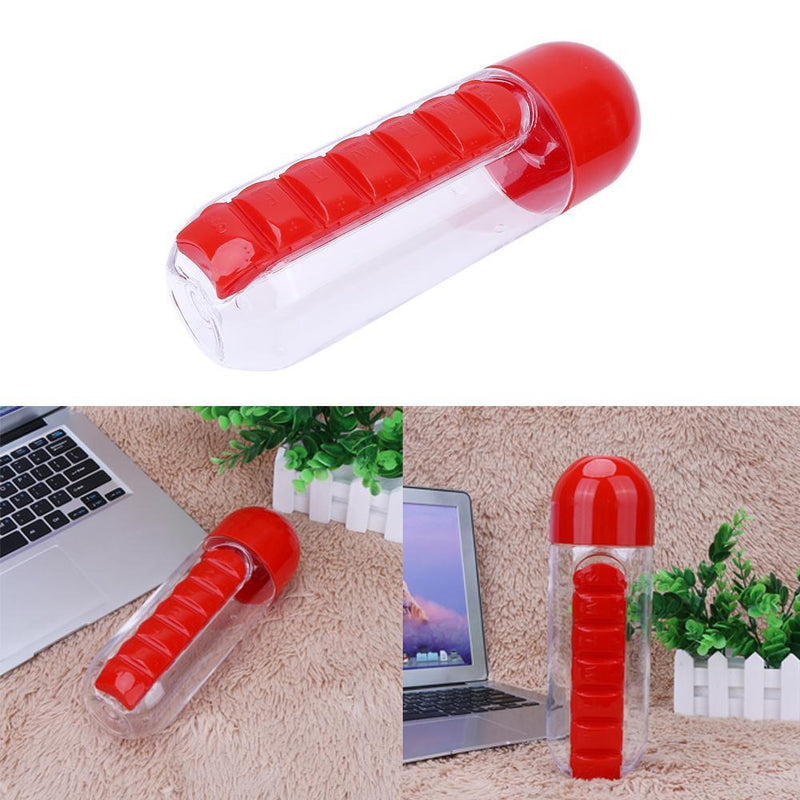 600ML Plastic 2 In 1 Combine Daily Pill Box Drinking Bottles Cups(Red)