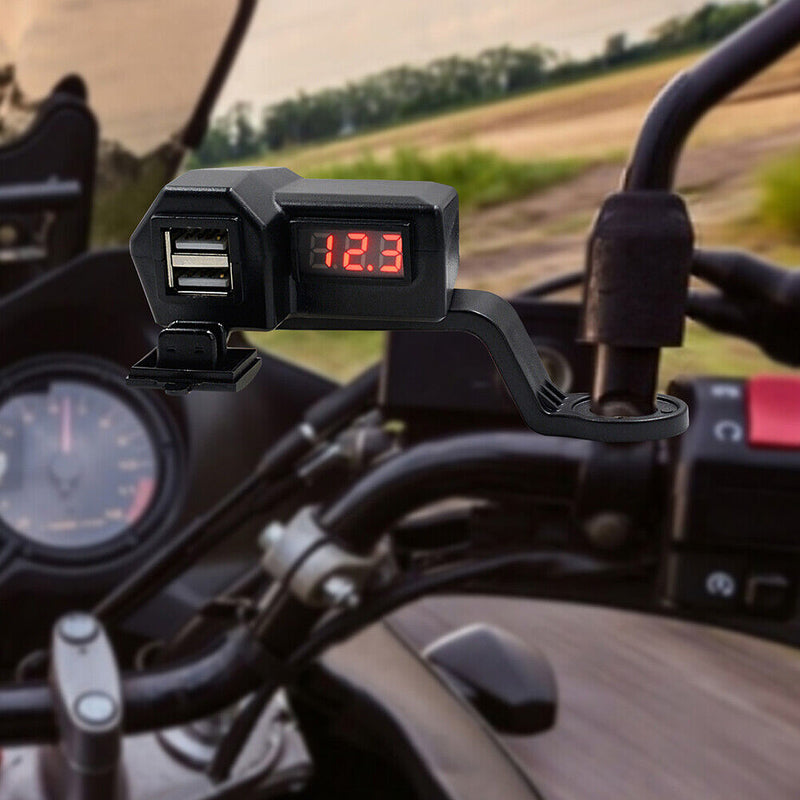 Motorcycle 3.4A Dual USB Charger Handlebar Mirror Power Adapter with Voltme