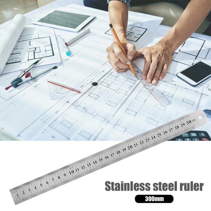 Stainless Steel Metal Straight Ruler Double Sided Measuring Tool (300mm) Newly