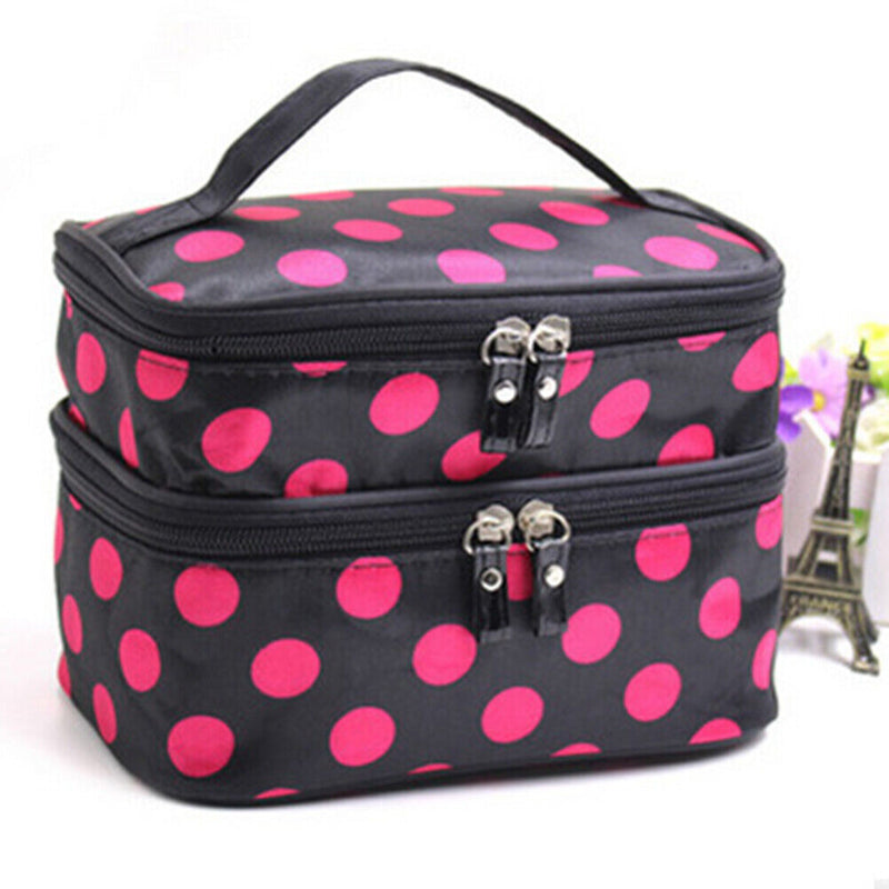 Double Layer Cosmetic Bag Travel Makeup Storage Case (Black+Red Dot) Newly