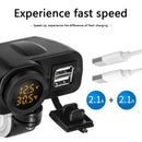 Waterproof Motorcycle Handlebar Dual USB Charger w/ Voltage Temperature Dis