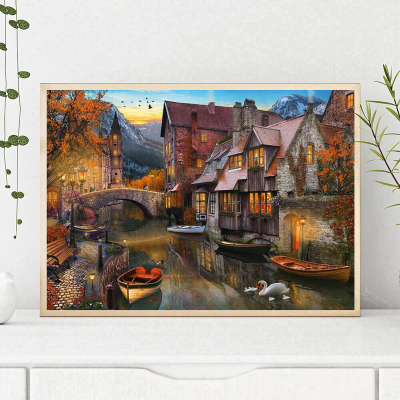 Frameless Oil Painting Arts Picture By Number Riverside Town Hand Painted Craft