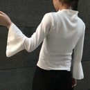 Spring Daily Flare Sleeve T-shirt Women Sweet Bottoming Tops (White XL)