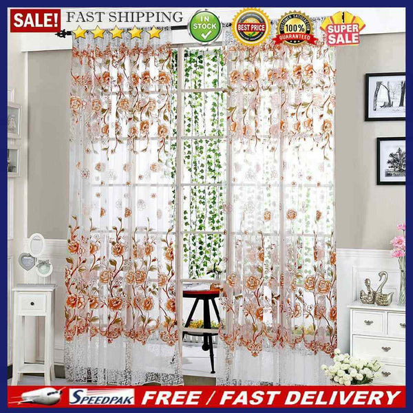4pcs Peony Curtain Living Room Bedroom Home Door Window Curtain (Coffee)
