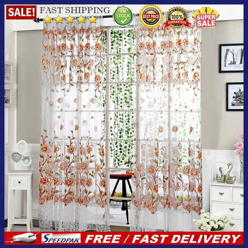 4pcs Peony Curtain Living Room Bedroom Home Door Window Curtain (Coffee)