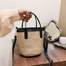 Women Fashion Bucket Straw Shoulder Bag Female PU Woven Totes Crossbody Handbags