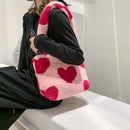 Women Love Heart Print Plush Shoulder Bag Fashion Winter Large Capacity Handbags
