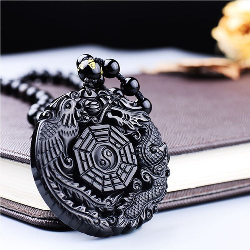 Women Black Reiki Dragon Phoenix Carved Obsidian Necklace Lucky Pendant BaGua