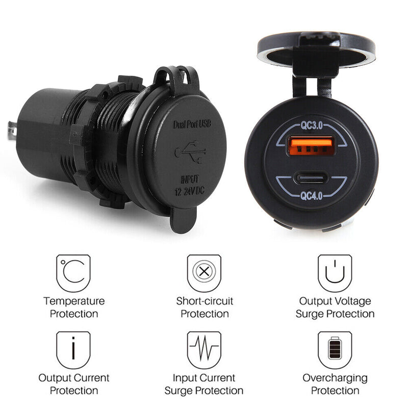 Waterproof Car Boat Dual USB Charger QC 3.0 + QC 4.0 Type C Power Outlet Newly