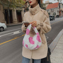 Women Soft Warm Plush Heart Pattern Handbags Female Travel Fluffy Underarm Bags