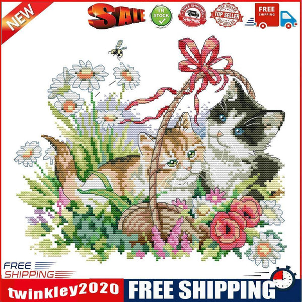 Stamped Cross Stitch Spring Kitties 2-Strand 14CT Embroidery DIY Set (D376)