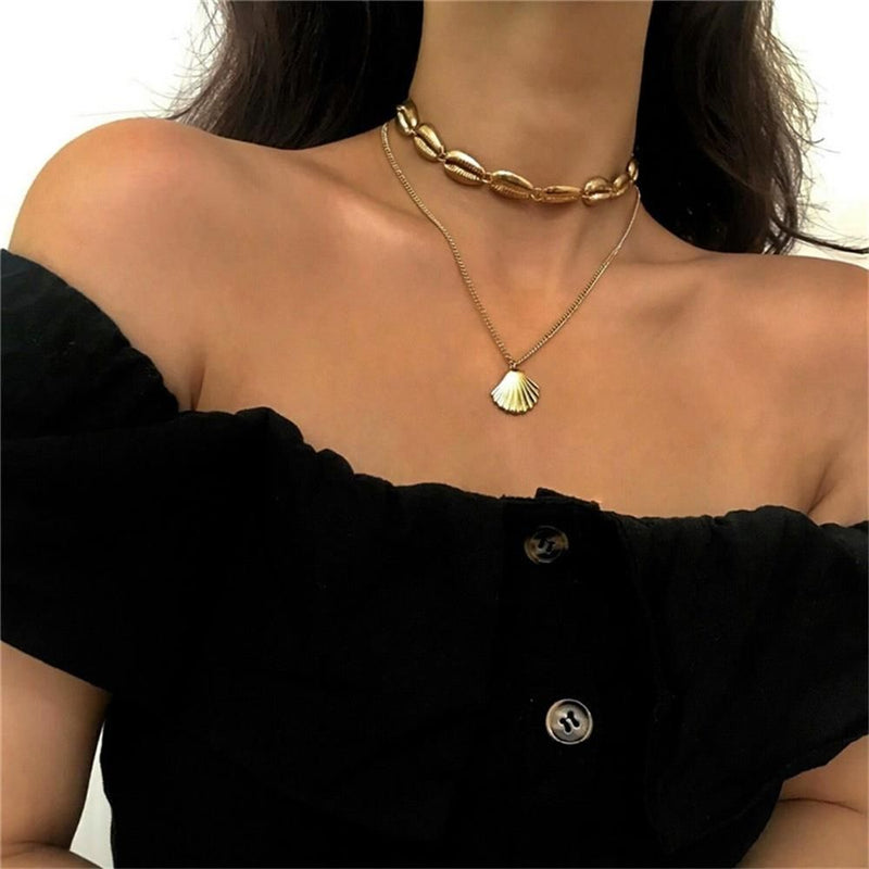 Women Beach Jewelry Bohemian Cowry Seashell Pendant Multilayer Shell Necklace