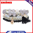 Woman Multilayer Bracelet Beads Coin Tassel Bracelets (Black)