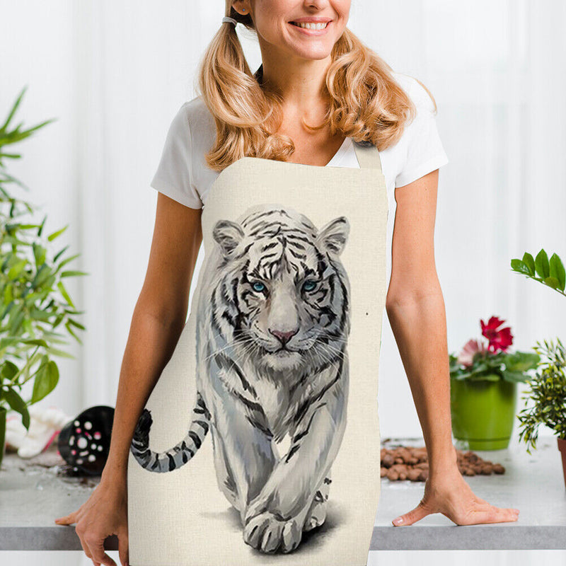 #A White Tiger Print Apron Linen Waterproof Cooking Bib Sleeveless Kitchen Oil