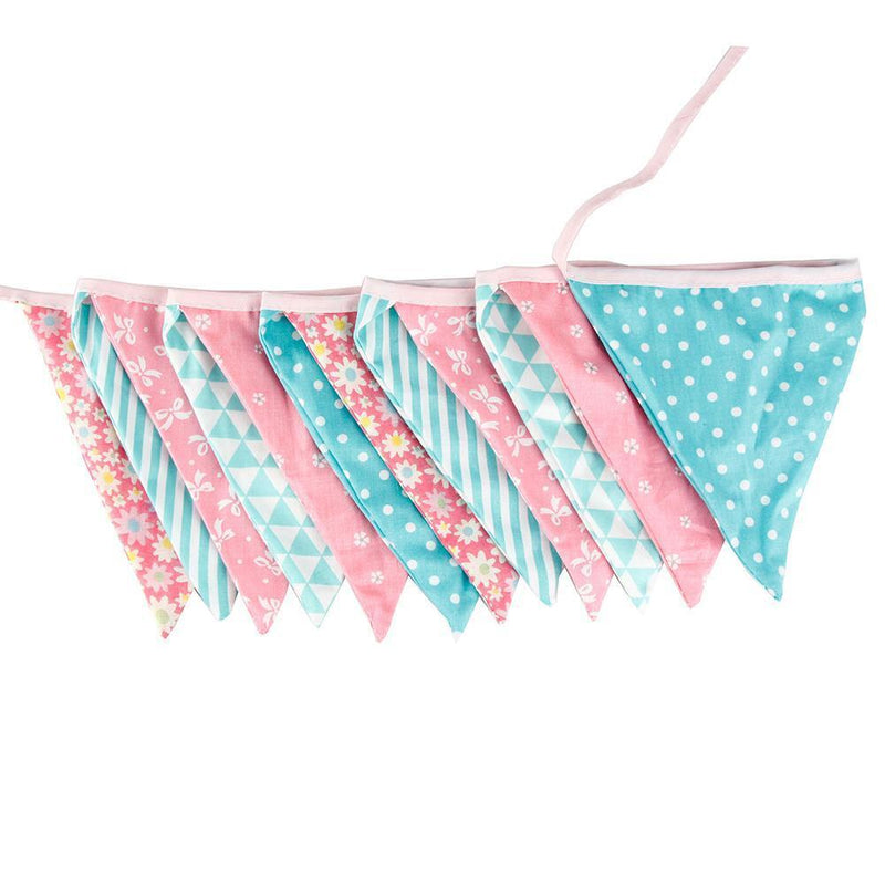 12 Flags Pink Blue Floral Cotton Fabric Bunting Pennant Banner Birthday