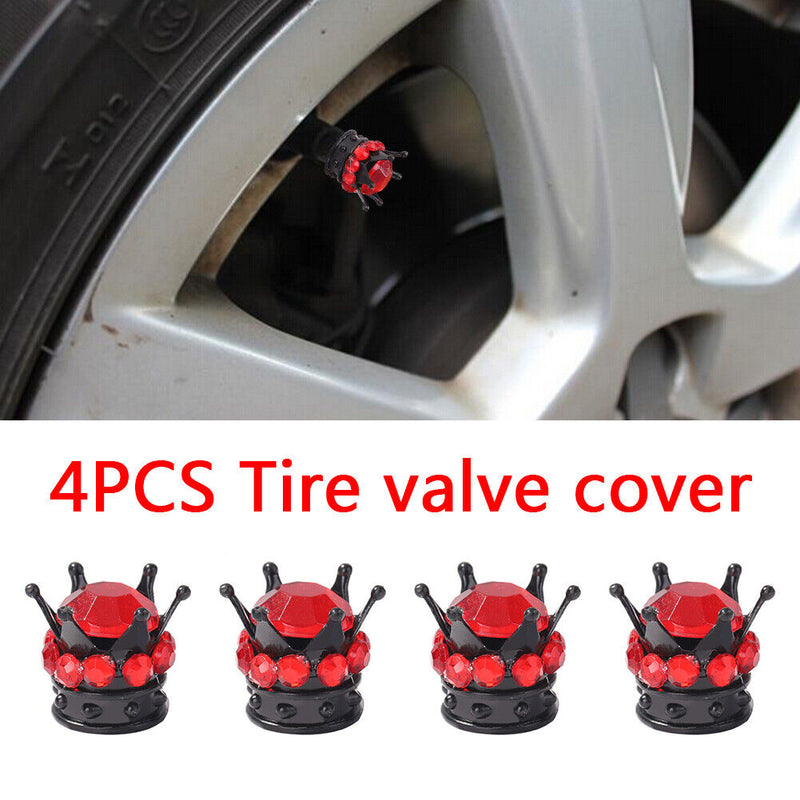 4pcs Auto Car Bling Rhinestone Black Crown Wheel Tire Valve Caps (Red)