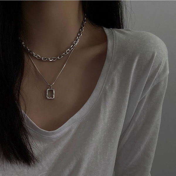 Women Jewelry Square Pendant Double Layer Multilayer Necklace Long Link Chain