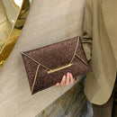 Women Sequins Solid Color Envelope Bag Lady Square Clutch Purse (Brown)