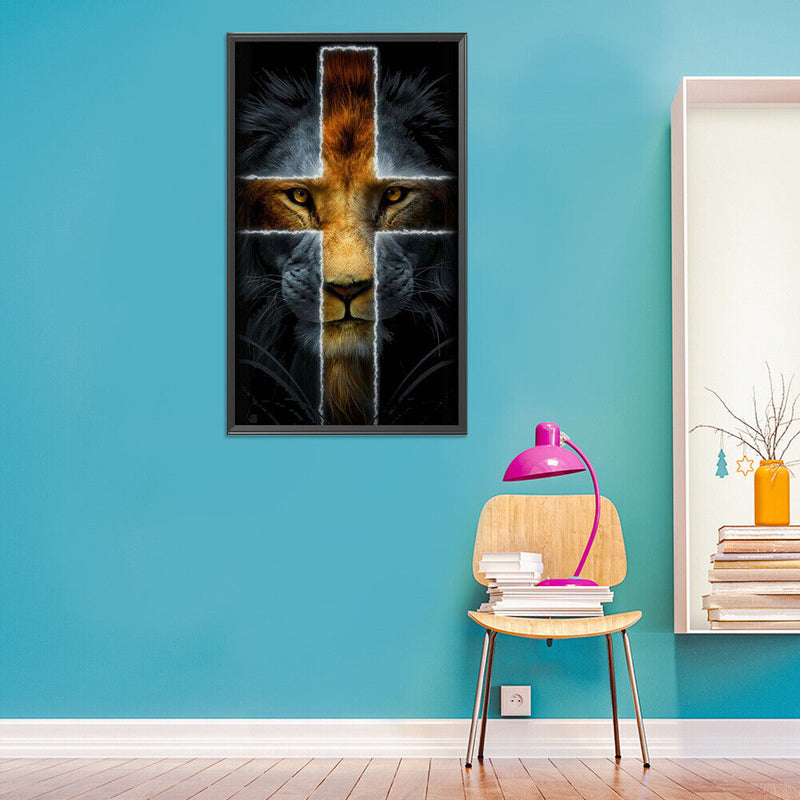 Handmade Cross Lion 5D DIY Full Round Drill Drawing Kit Diamond Painting Artwork