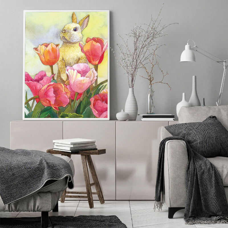 Rabbit in Flowers Colouring Oil Canvas DIY Hand Painted Art Paint By Numbers