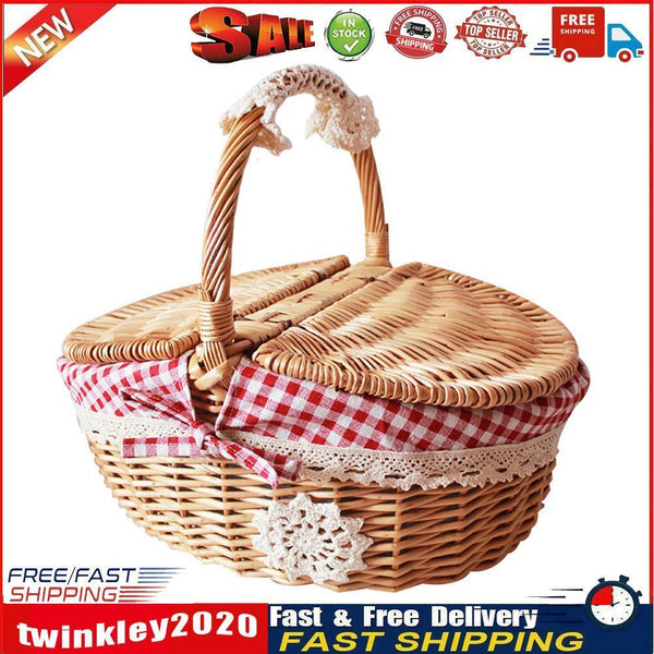 Small Picnic Wicker Basket Camping Fruit Food Rattan Hamper (Red Lattice) Newly