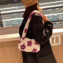 Fashion Women Flower Printing Underarm Bag Ladies Autumn Winter Plush Handbags