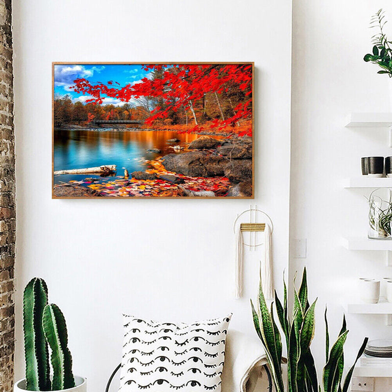 Handmade Canvas DIY Painting By Numbers Maple by Lake Kit Oil Drawing Ornaments