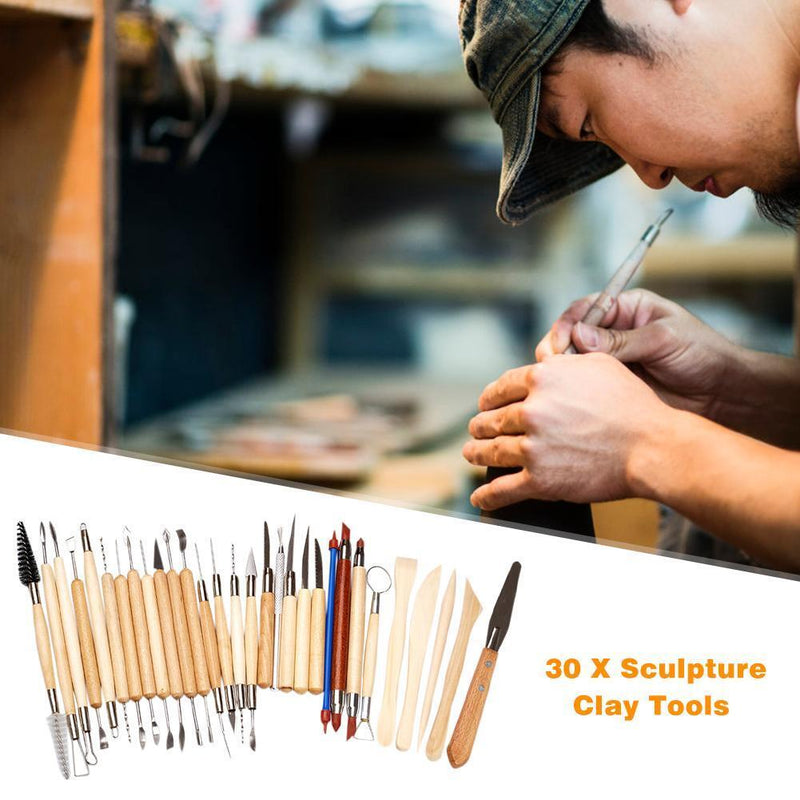 30pcs DIY Clay Pottery Crafts Sculpting Kit Ceramics Wooden Handle Modeling Tool