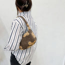 Cartoon Woollen Bear Print Underarm Handbag Women Top-handle Bag (Khaki)