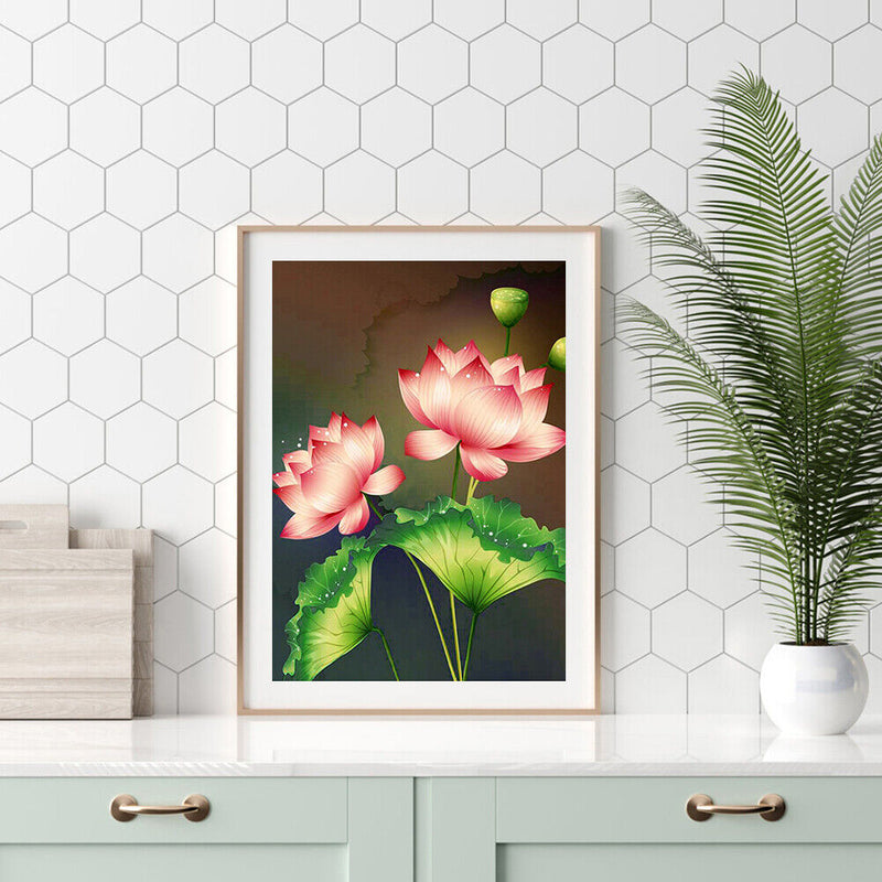 Art Rhinestone Drawing DIY Round Full Diamond 5D Drill Pink Lotus Painting Kit