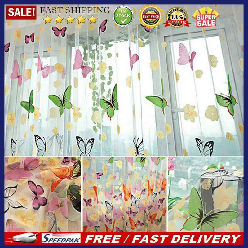 2pcs Colorful Butterlfly Printing Burnt-out Curtain Sheer Organdy Panel