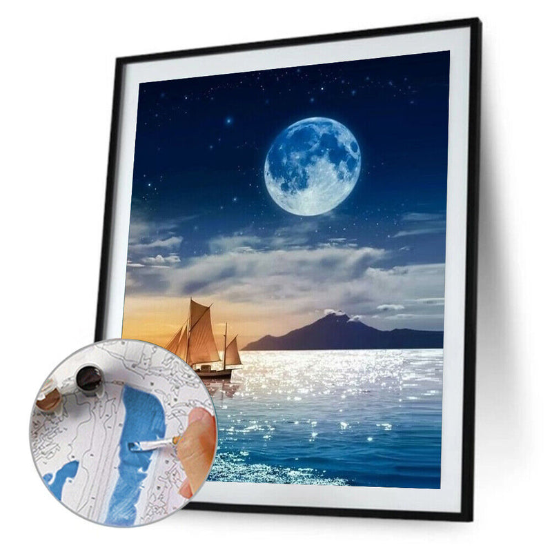 Moon and Ship Oil Paint By Numbers Kits Canvas Drawing DIY Coloring Picture Sets