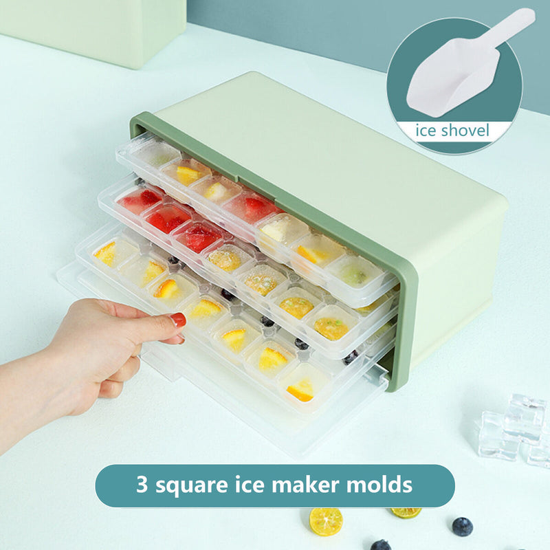 Ice Tray - Ice Cube Tray with Lid and Bin (3 Trays 1 Ice Bucket & Scoop)