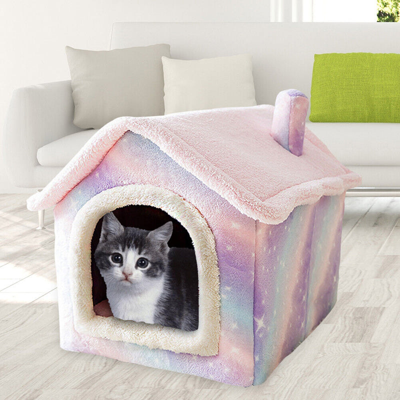 Pink Starry Pet House Kennel Cat Tent Semi-enclosed Plush Sleep Nest (L) Newly