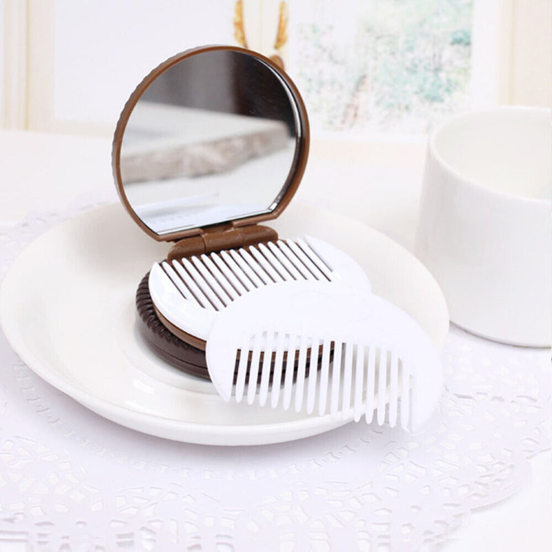 Women Home Office Use Cookie Shaped Mirror with Comb Chocolate Pocket Mirror
