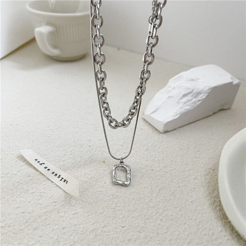 Women Jewelry Square Pendant Double Layer Multilayer Necklace Long Link Chain